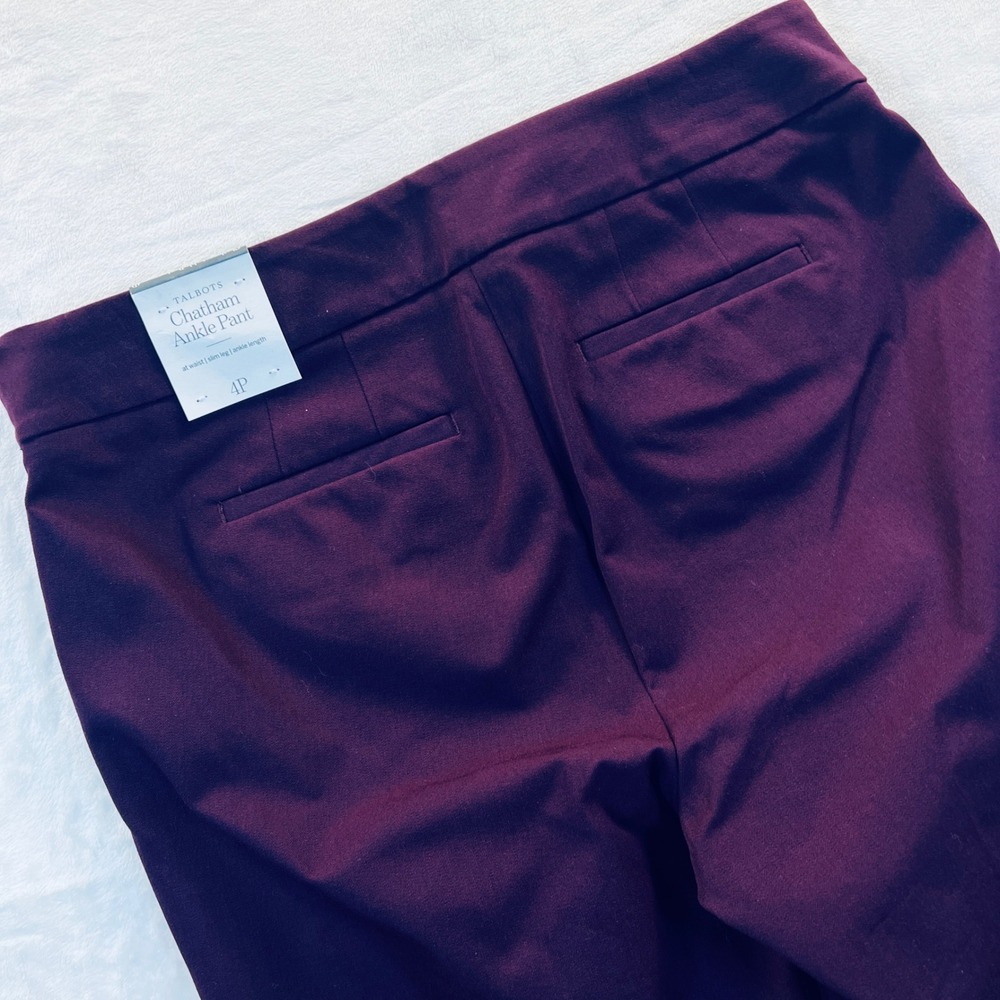 Talbots Chatham Ankle Pant 4 Petite Plum Burgundy Gold Button Hem Slim Leg